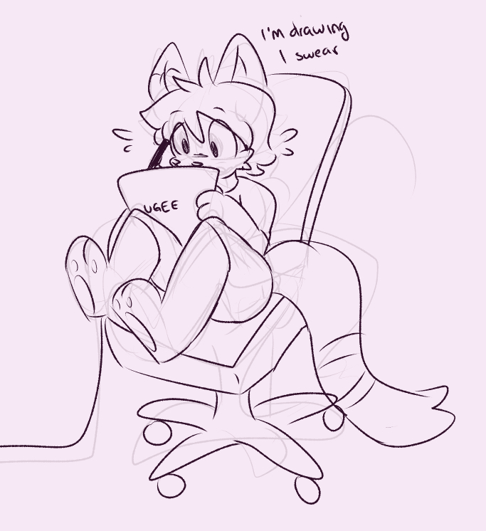 doodle of Meddy (cat) drawing on a tablet while sitting at chair, going "I'm drawing I swear"