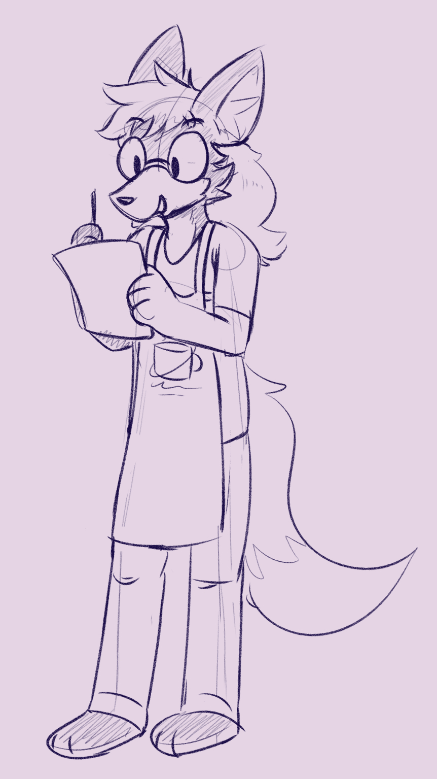 Doodle of June (canine) standing while wearing their work apron, taking someone's order